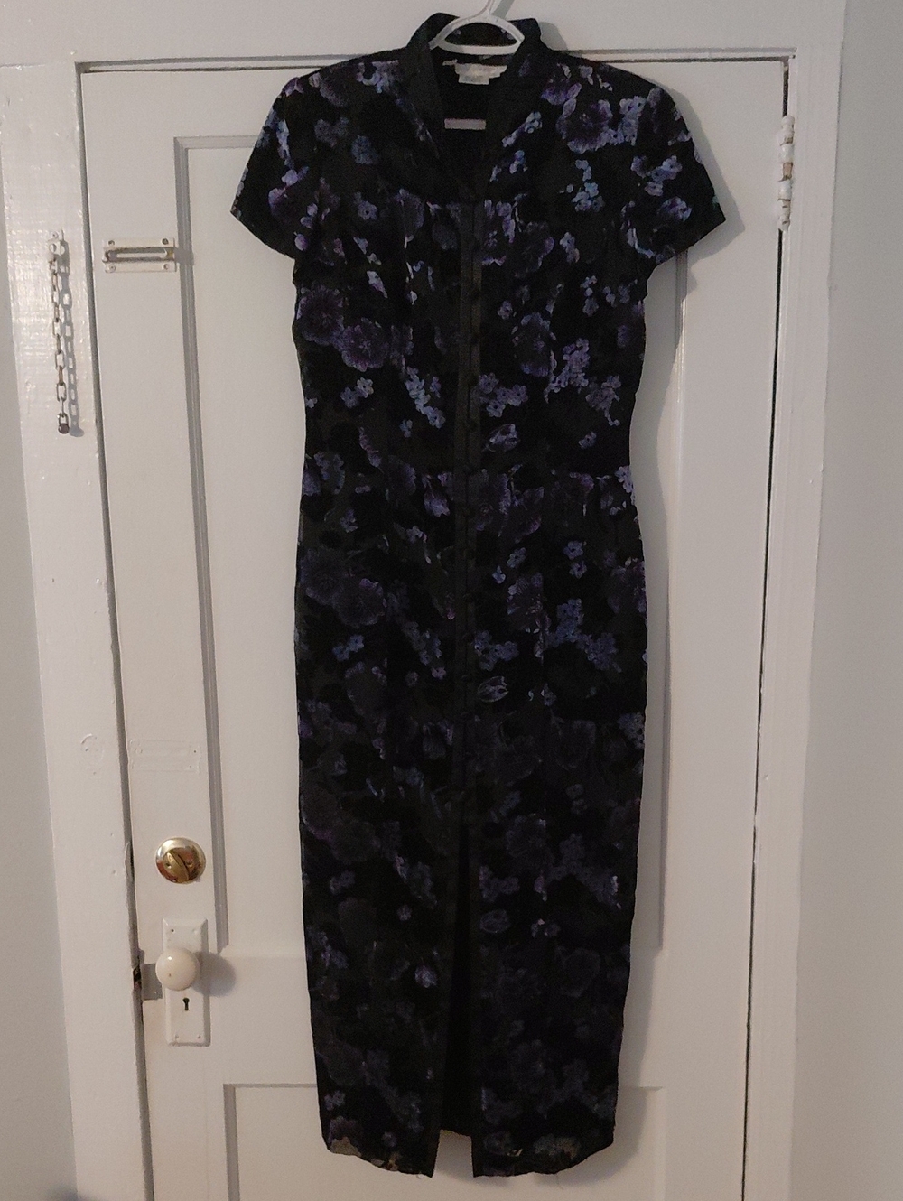 Maggy London Black Midi Dress with Purple Velvet Floral. Beautiful.